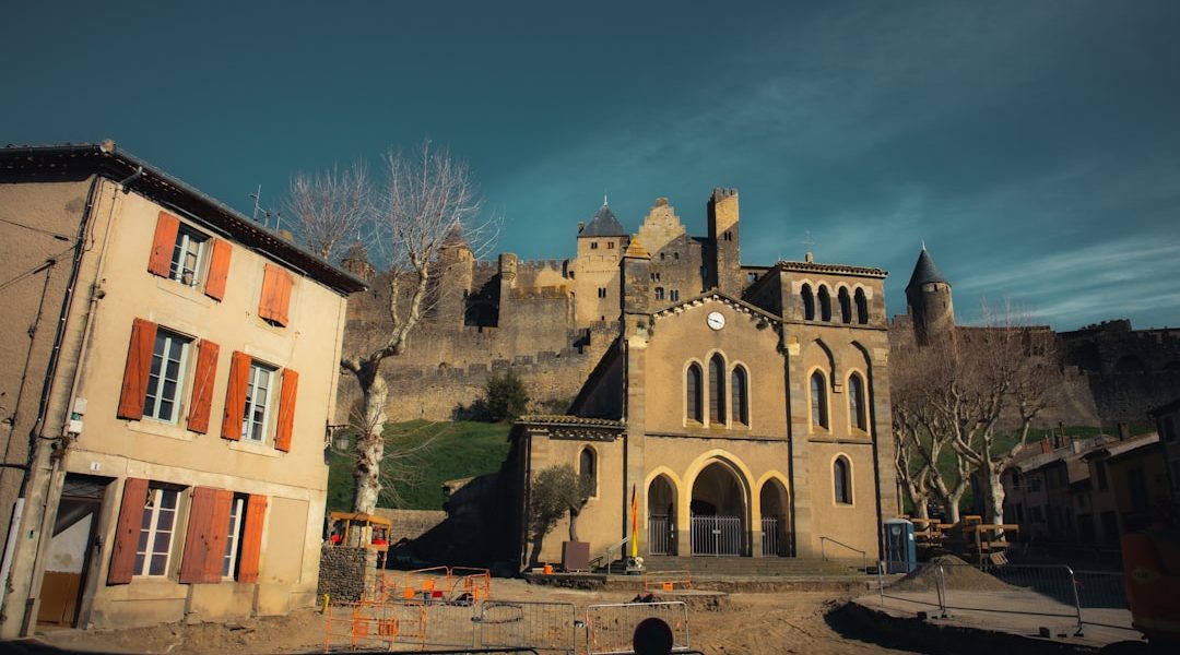 Buildings stand near a historic castle on a hill.